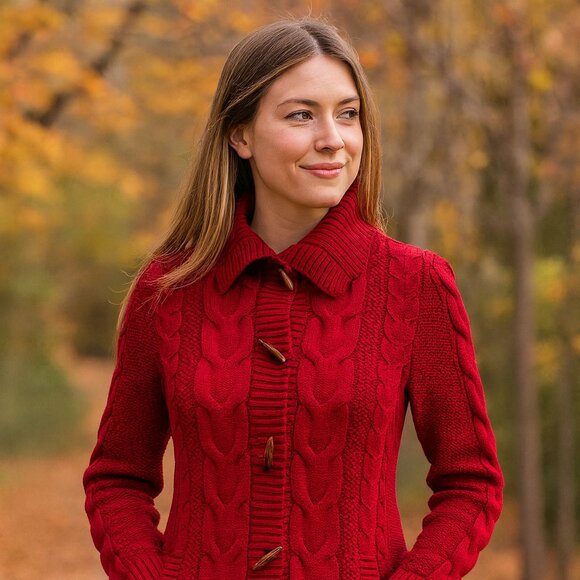 L.L. Bean Red Wool Blend Cable Knit Toggle Cardigan Sweater Women’s Small - Picture 1 of 9